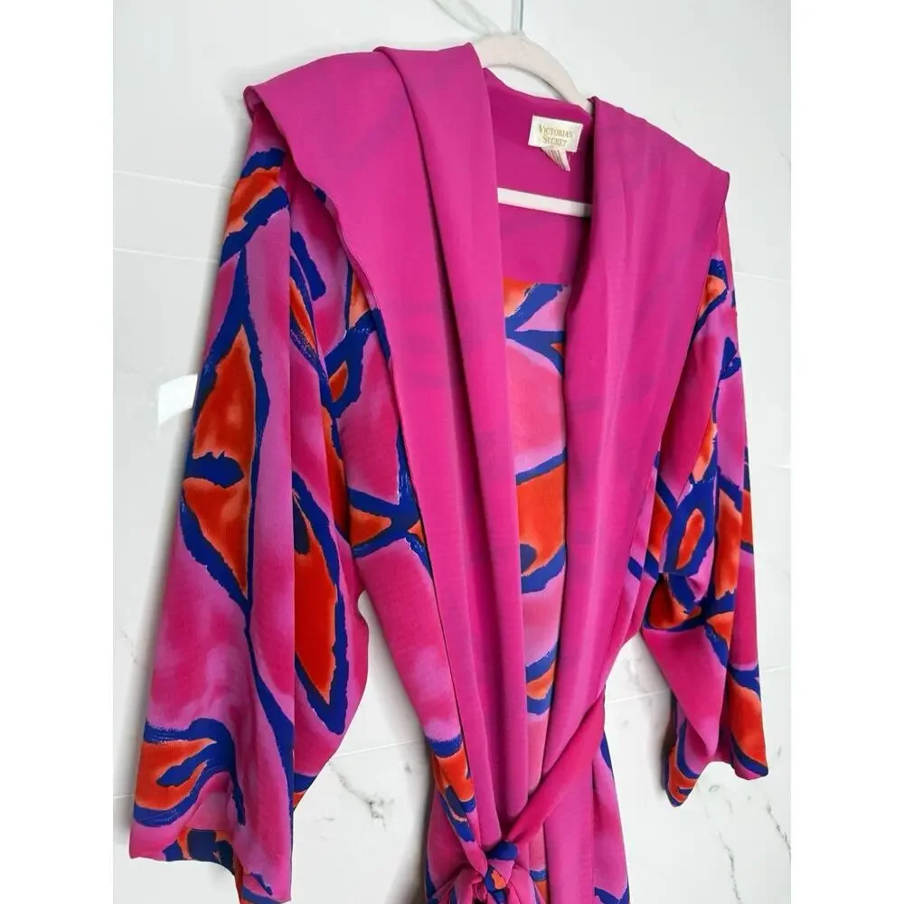 VTG Gold Label Victorias Secret Robe kimono Maxi Long Hooded RARE Colorful M/L